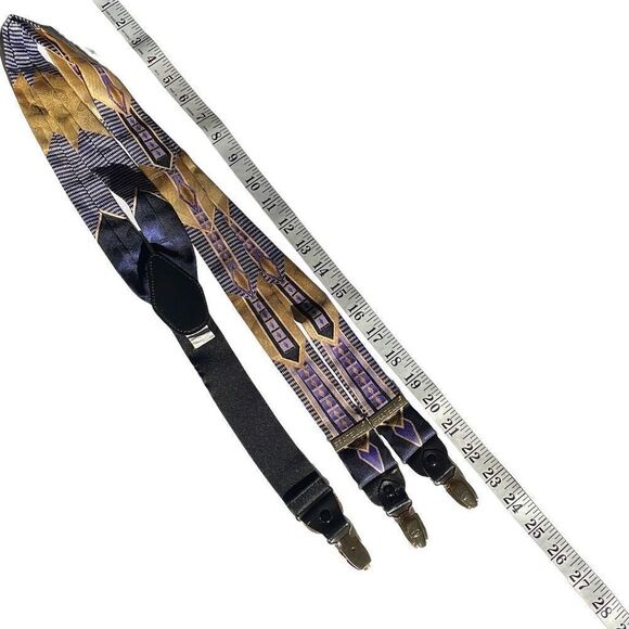 Fratello purple and gold silky fabric print Y style suspenders - Picture 10 of 12